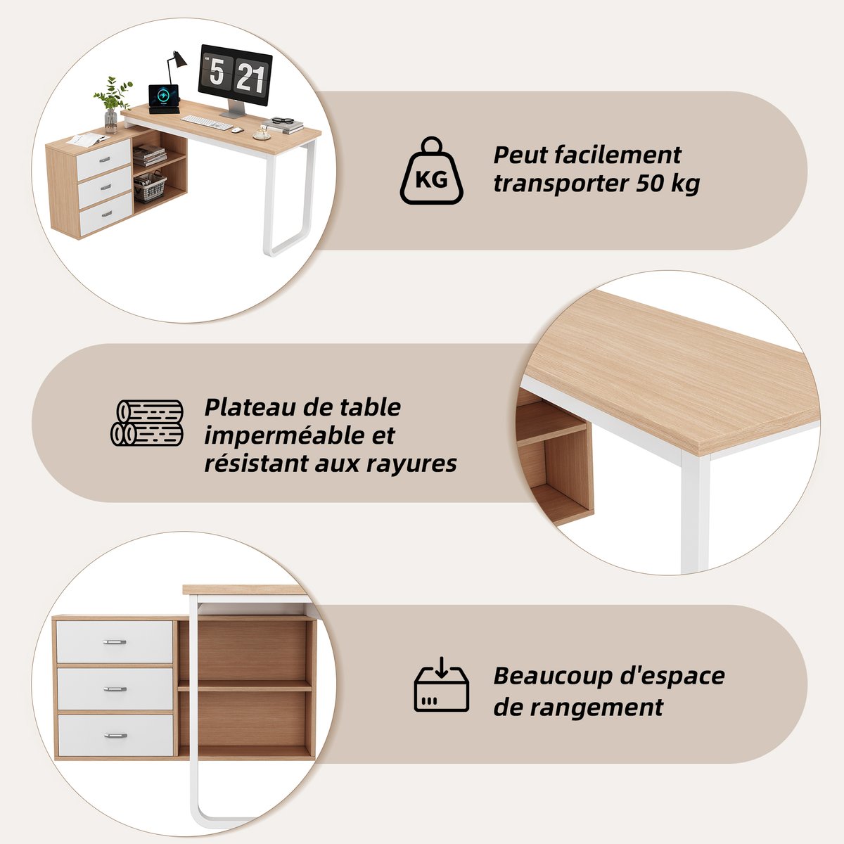 Bureau multifonction L-type avec 3 tiroirs et 2 niches style industriel, DOBBY hêtre, MEUBLES COSY
