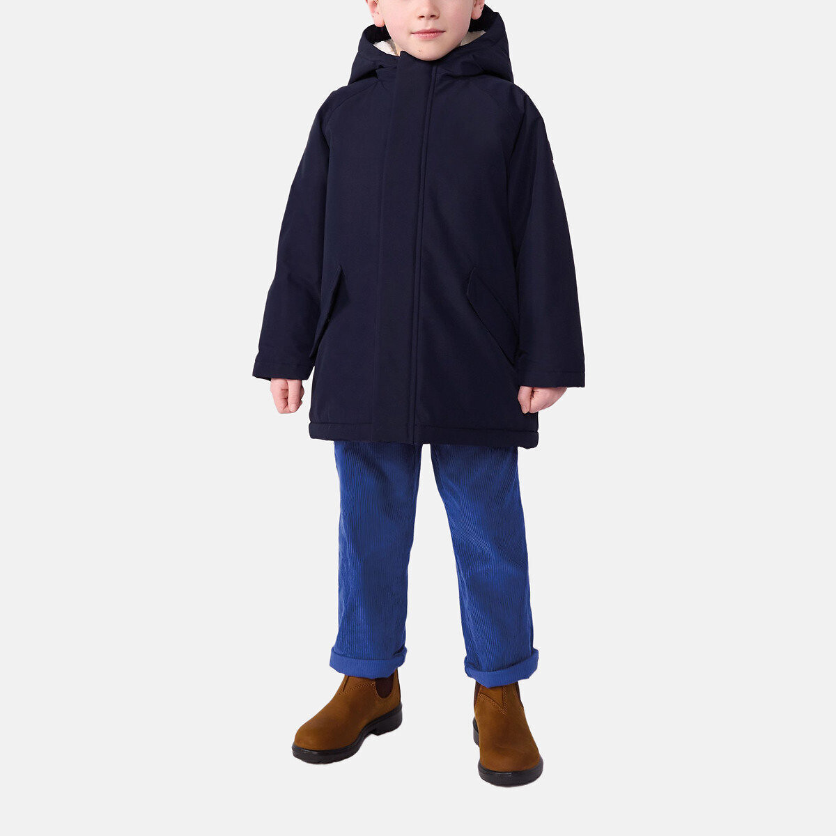 Parka di media lunghezza con cappuccio, in tinta unita blu marino, PETIT BATEAU