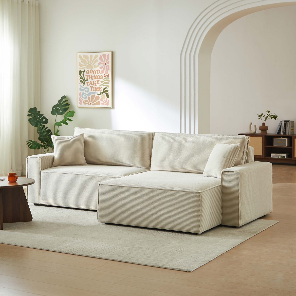 Canapé d'angle convertible velours ZOLA beige, BAÏTA