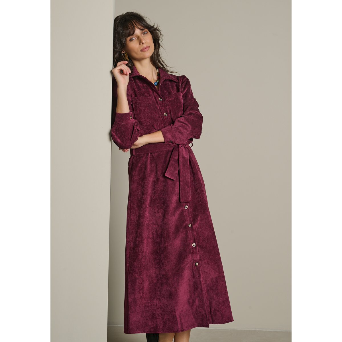 Robe chemise midi côtelée aubergine, LOLALIZA