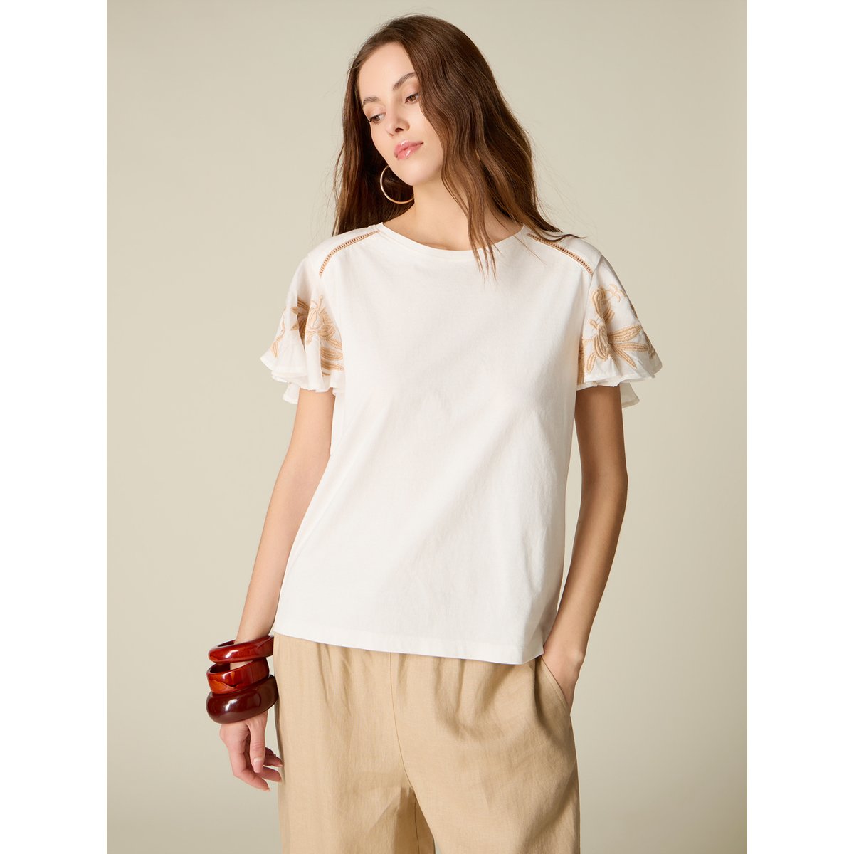 T-shirt con maniche ricamate blanc, OLTRE