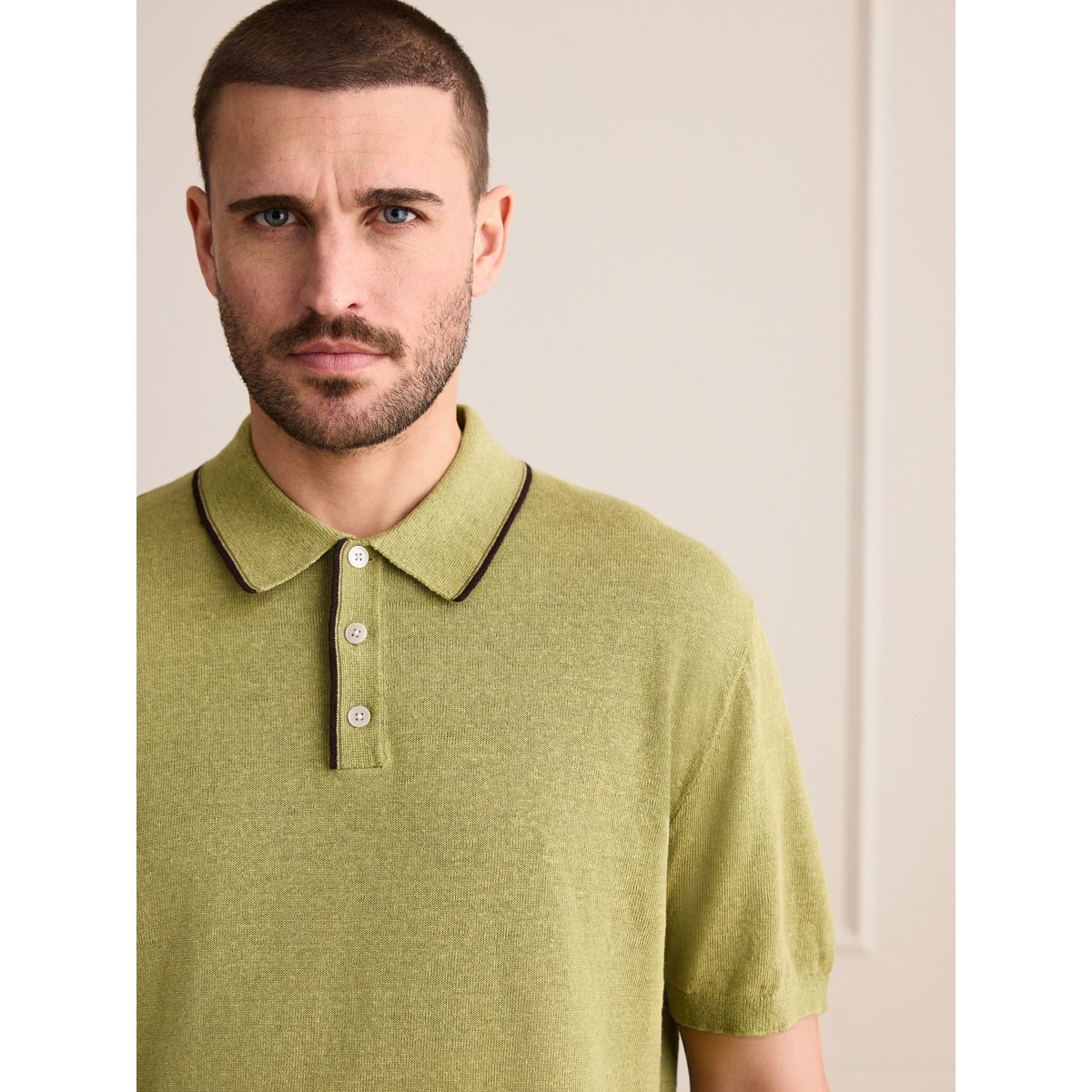 Polo en maille à liserés lin signature vert, NEXT