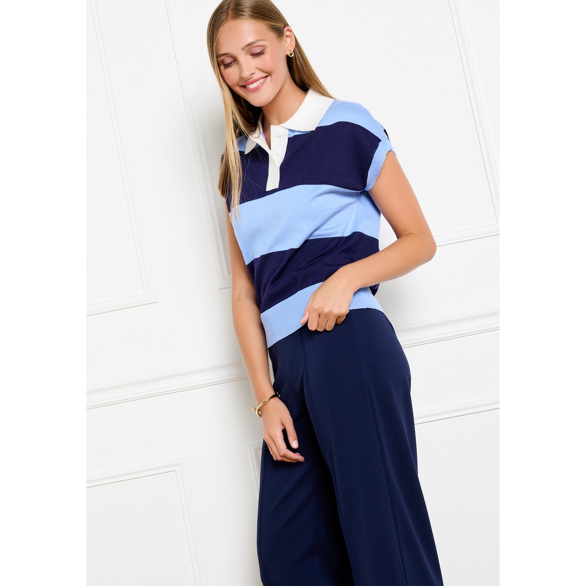 Pull polo à larges rayures bleu marine, LOLALIZA