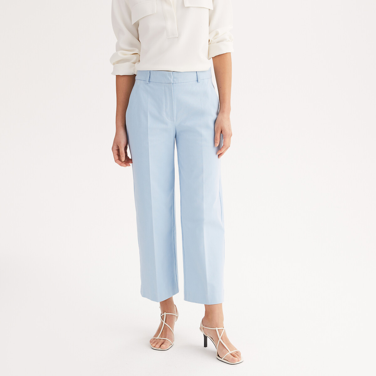 Pantalon droit longueur 7/8ème, coton stretch bleu pastel, ANNE WEYBURN
