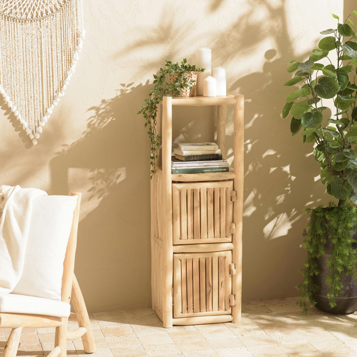 Petite colonne de rangement 3 niveaux rondins teck naturel MANAK bois naturel, PIER IMPORT