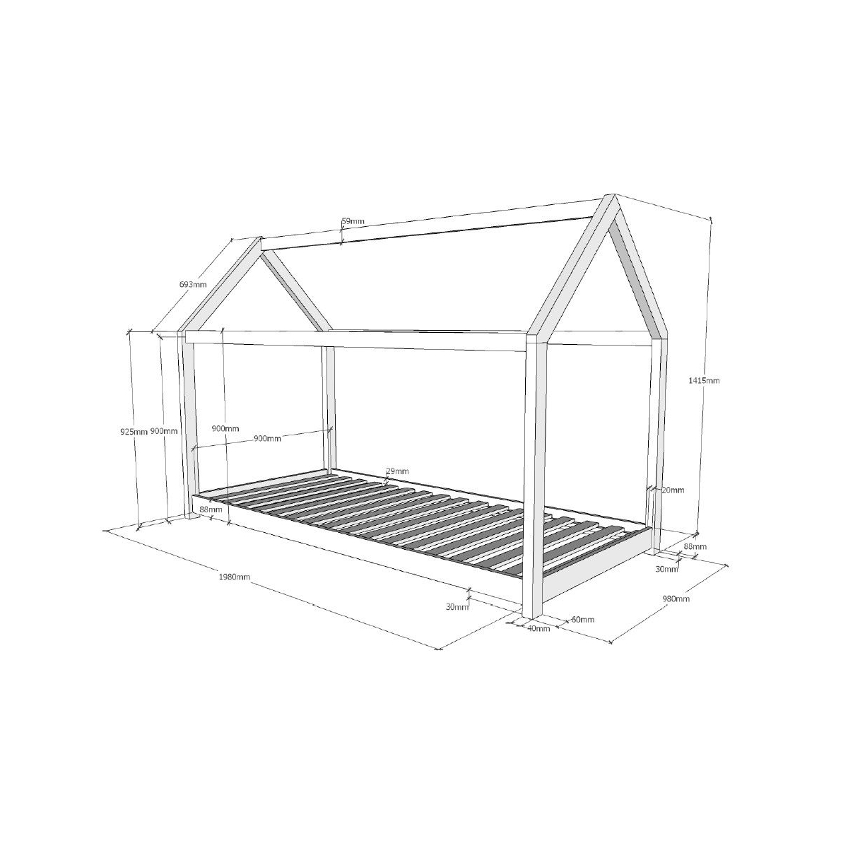 Lit cabane blanc avec matelas couleur unique, VIPACK