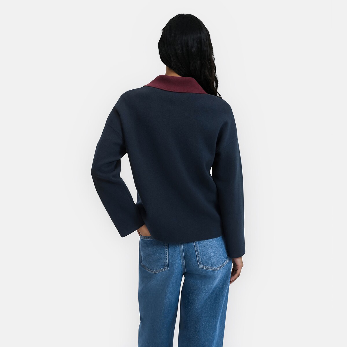 Contrasting Polo Collar Zipped Cardigan navy blue, LA REDOUTE COLLECTIONS