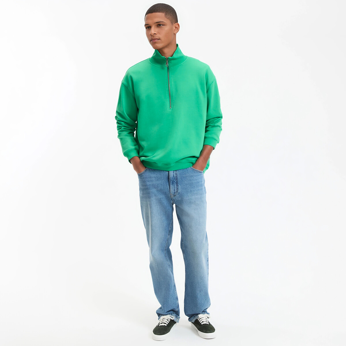 Sweat col camionneur zippé stonewashed, effet délavé, Signature vert, LA REDOUTE COLLECTIONS