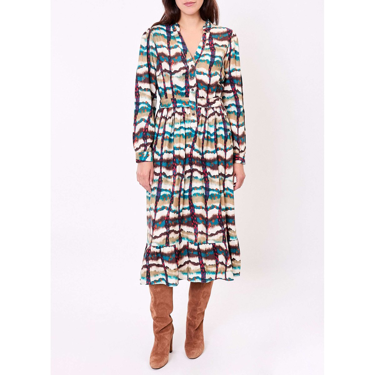Robe midi fluide volants URIKA beige biscuit, LA FIANCÉE