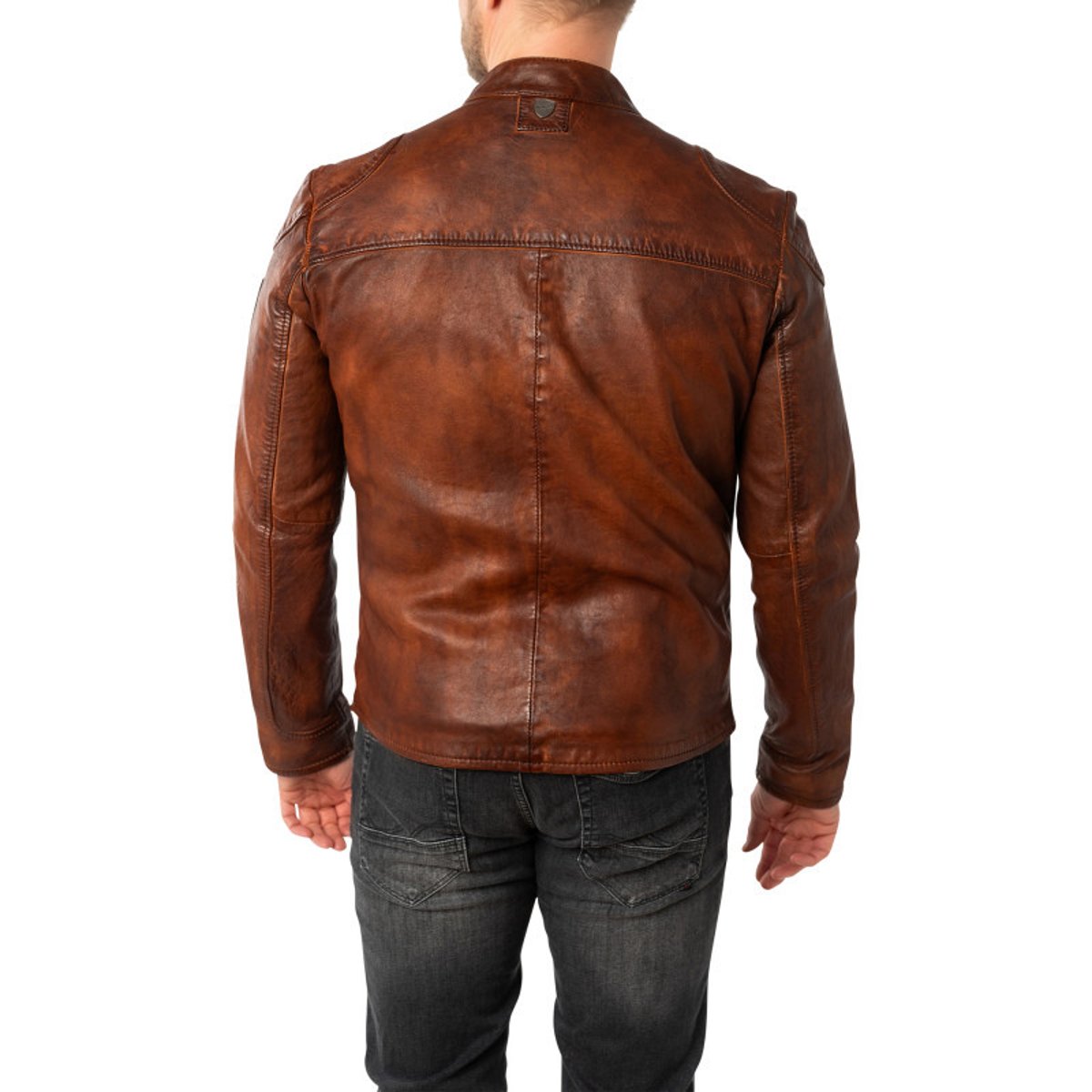 Blouson en cuir de mouton camel avec patchs à coupe droite et à col rond camel, GIPSY