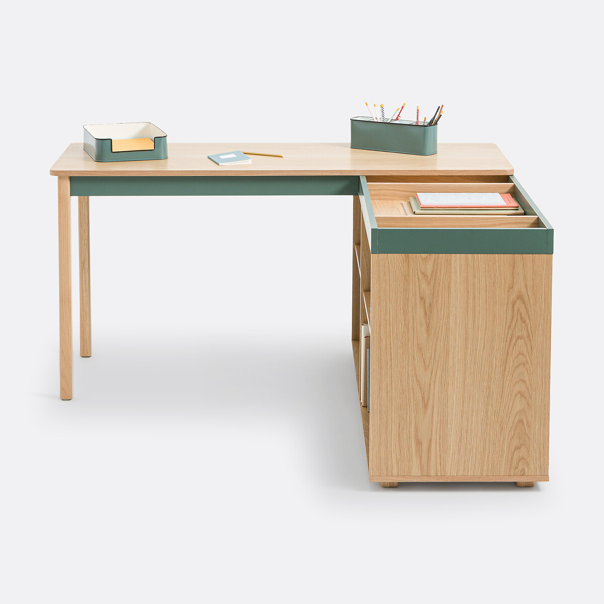 Bureau d’angle réversible avec rangement, Lina vert/bois, LA REDOUTE INTERIEURS