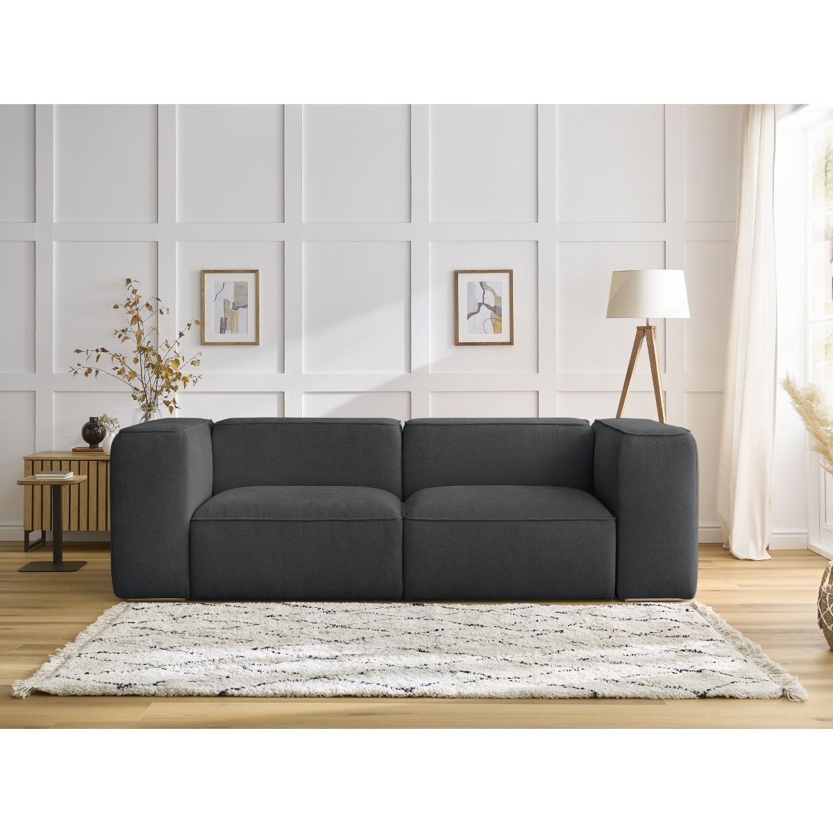 Canapé droit fixe 2 places en tissu texturé, ZEPHYR gris foncé, BOBOCHIC