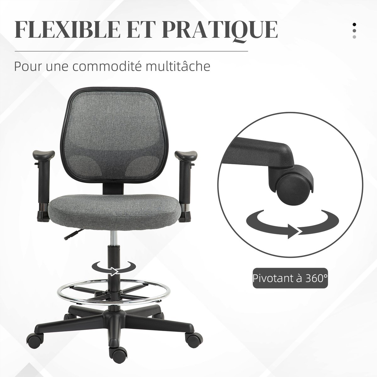 Chaise de bureau pour poste de travail debout gris, HOMCOM
