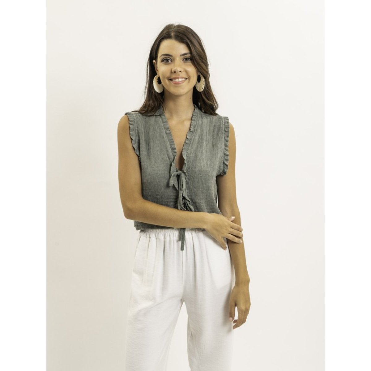 Blouse Sans Manches Smocke Ozakia kaki, DONA LISA