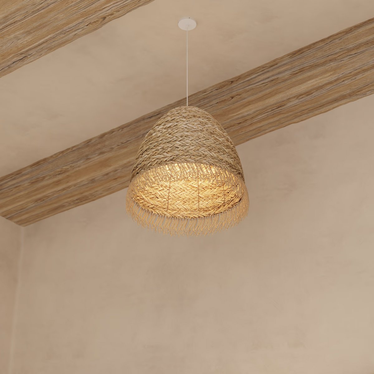 Abat-jour en roseau tressé finition frangée HANIA beige, ATMOSPHERA
