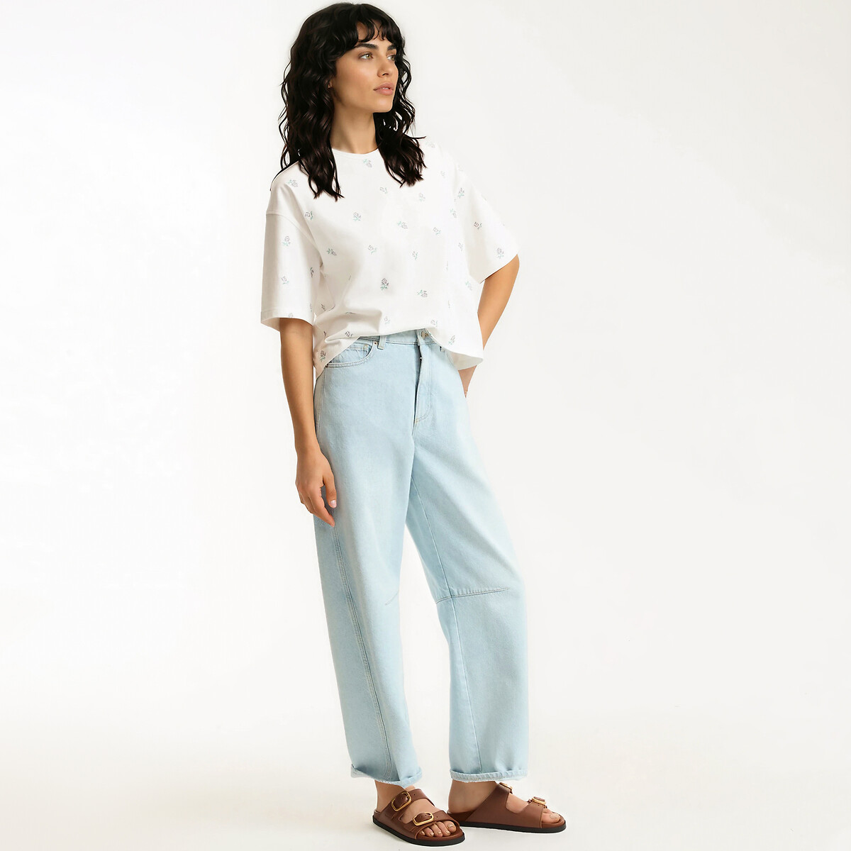 T-shirt a maniche corte con ricamo floreale e scollo rotondo ecru , LA REDOUTE COLLECTIONS