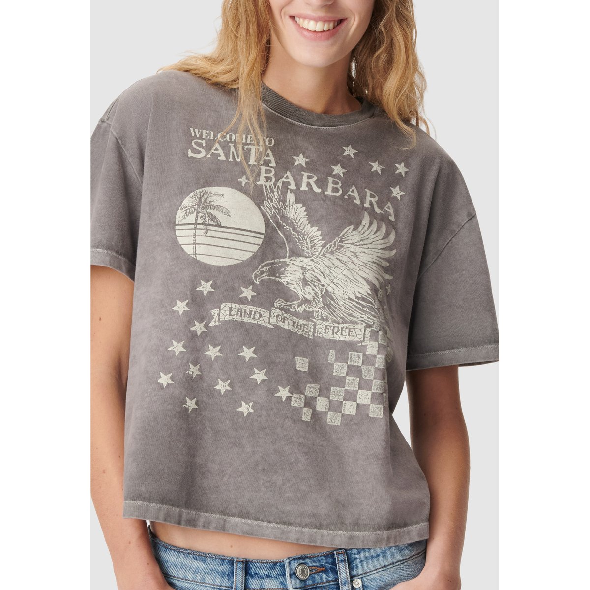 Tee-shirt oversize délavé visuel aigle gris foncé, IKKS