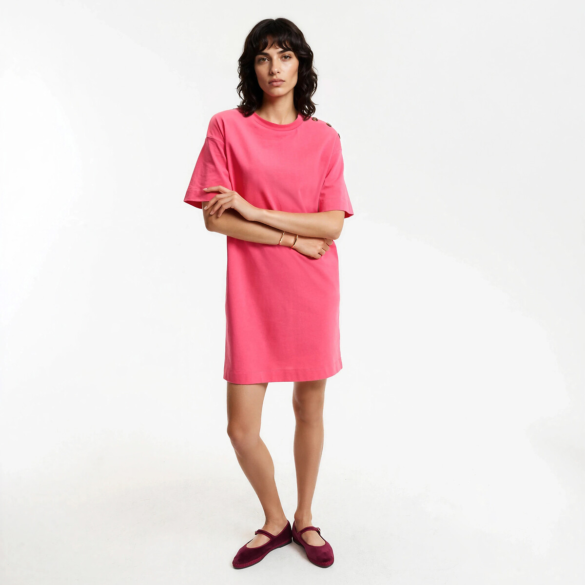 Robe T-shirt courte à boutons épaules rose, LA REDOUTE COLLECTIONS