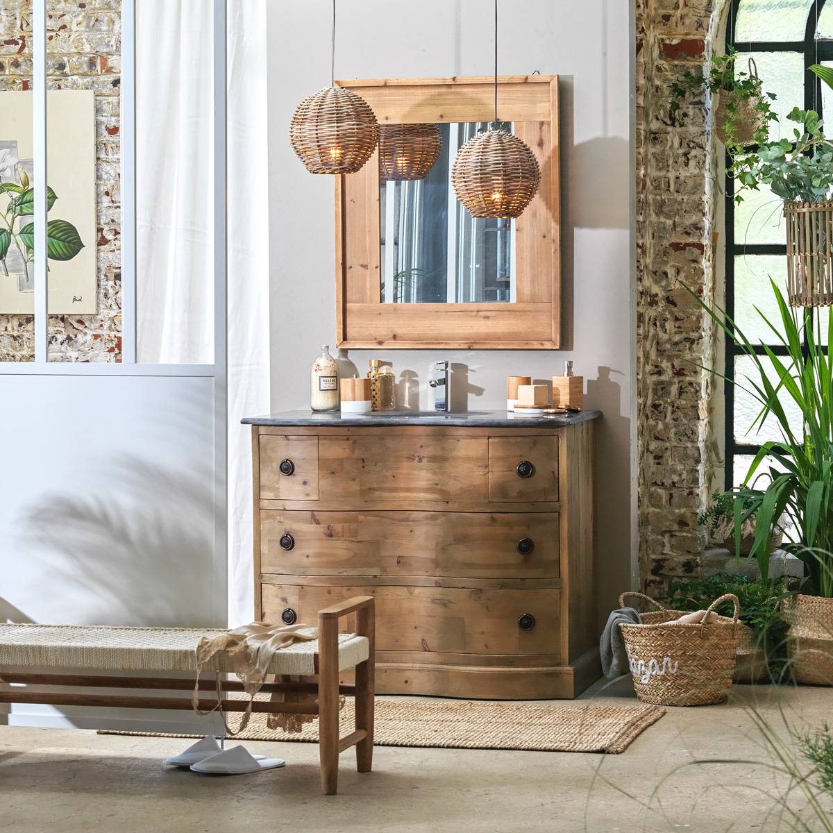 Meuble sous vasque en bois recyclé MIA bois clair, MADE IN MEUBLES