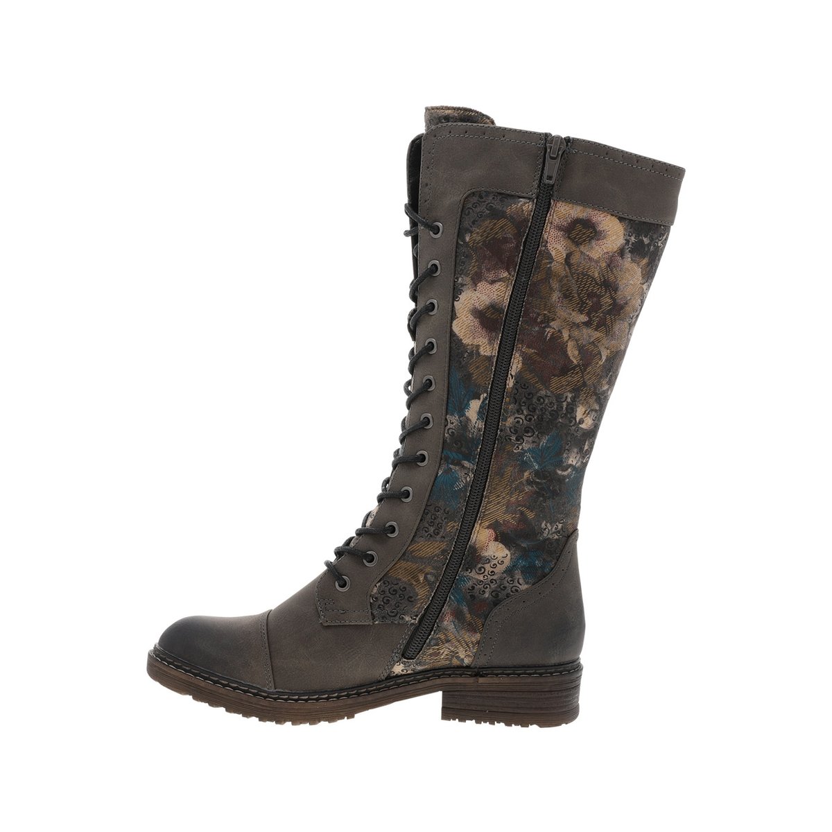 Bottes grises à talon décroché bas avec un zip et des lacets ronds grises, RIEKER