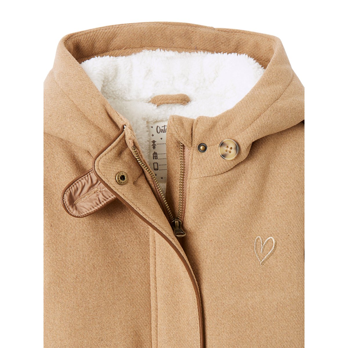Manteau à capuche en drap de laine doublé sherpa chamois, VERTBAUDET