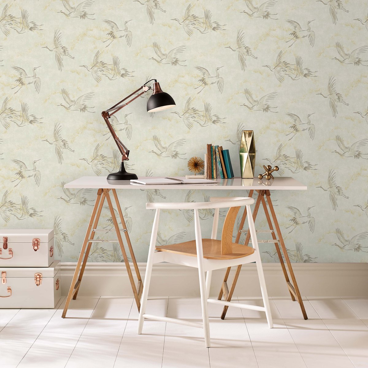 Papier peint Grues vol de jour gris, ART FOR THE HOME