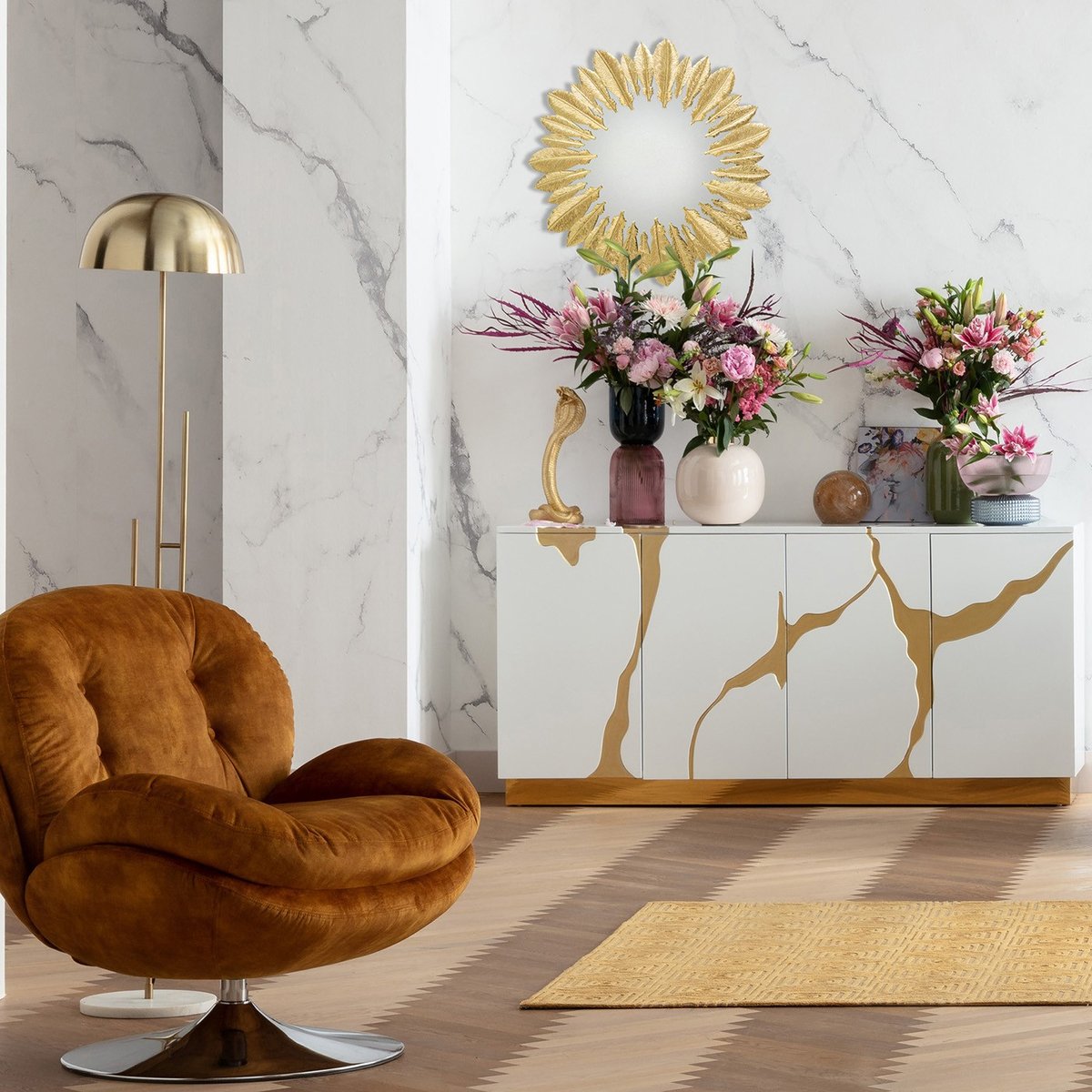 Fauteuil pivotant en velours, COSY ocre, KARE DESIGN
