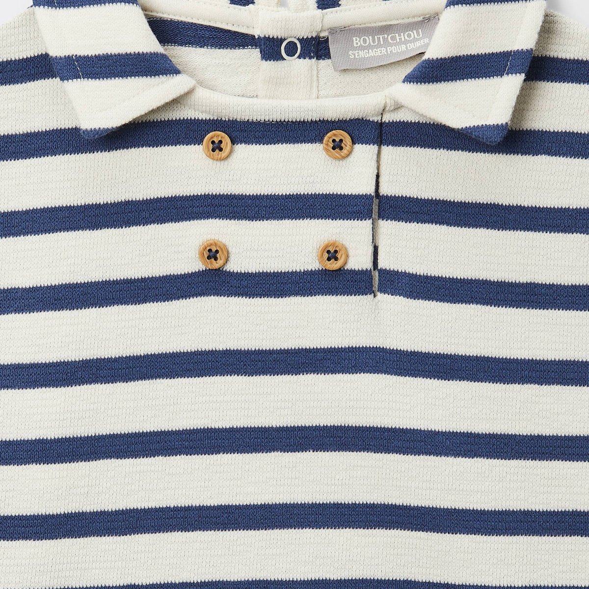 T-shirt manches courtes à col rayé en coton BIO GOTS porcelaine, BOUT'CHOU