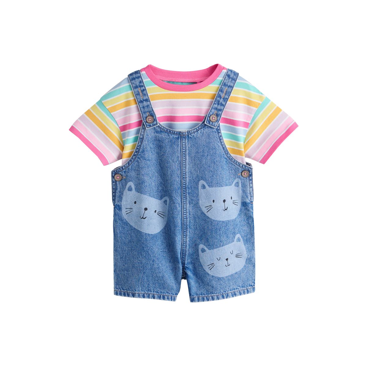 T-shirt et salopette en jean à imprimé chat délavage moyen, NEXT