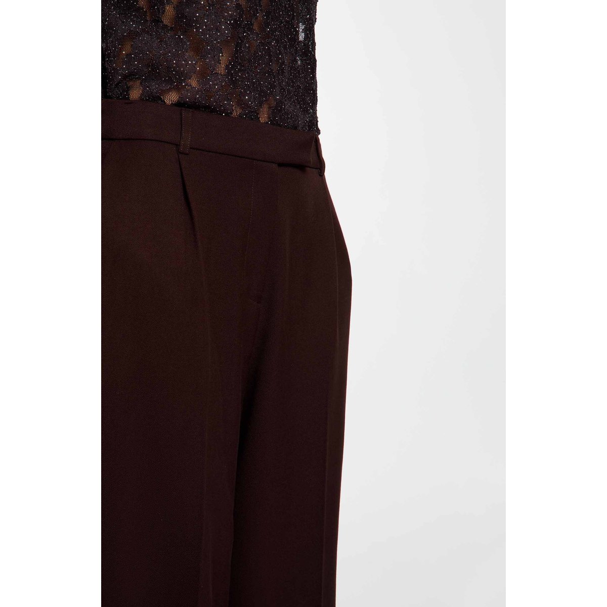 Pantalon large taille haute marron foncé, MORGAN
