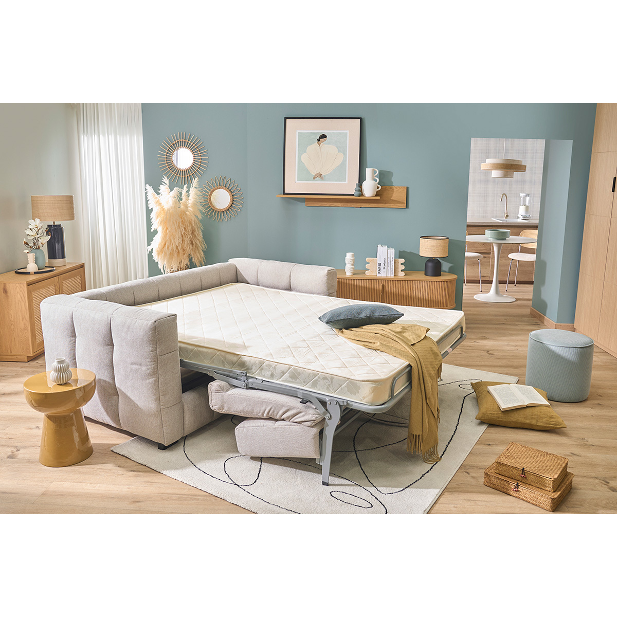 Canapé convertible design 3 places en tissu effet velours texturé beige CORTO beige, MILIBOO