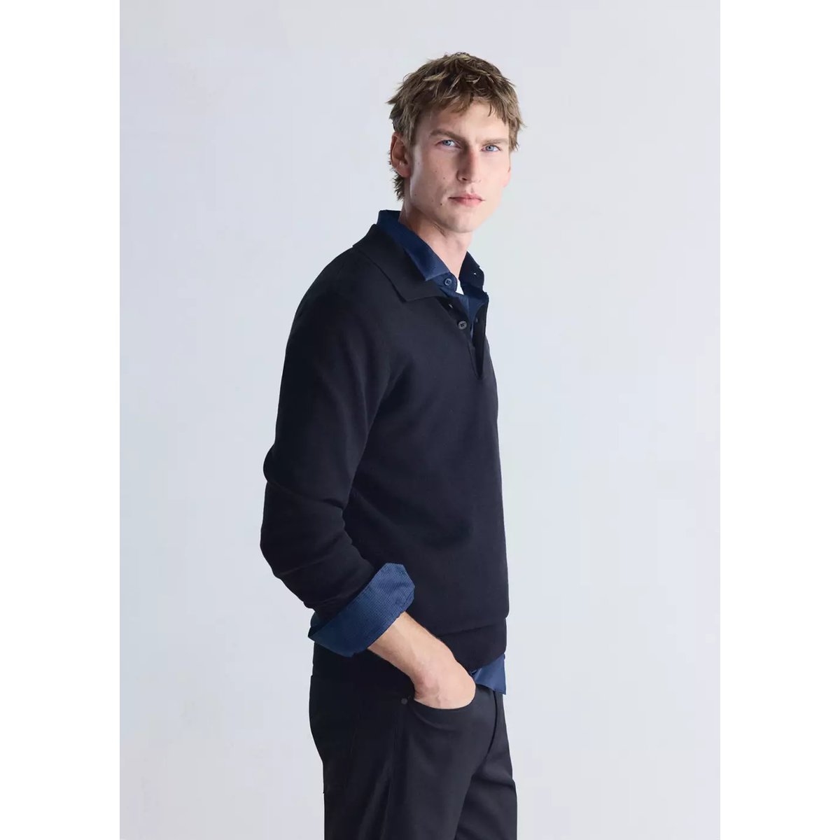Polo en jersey de maille fine bleu marine, MANGO MAN