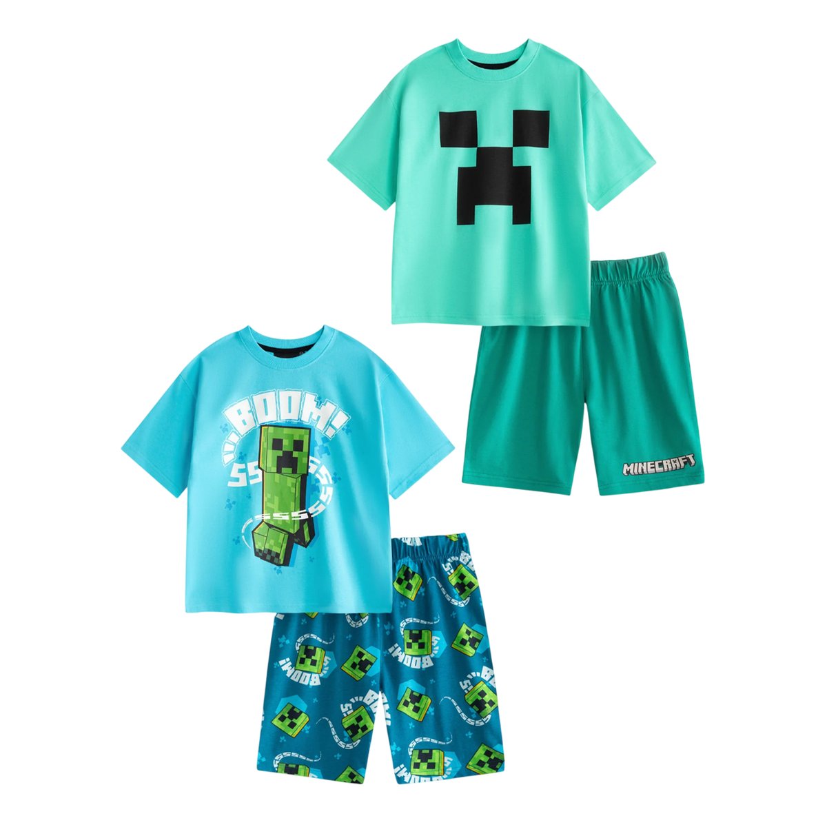 Ensemble de pyjama court manches courtes motif Creeper bleu clair / vert, MINECRAFT