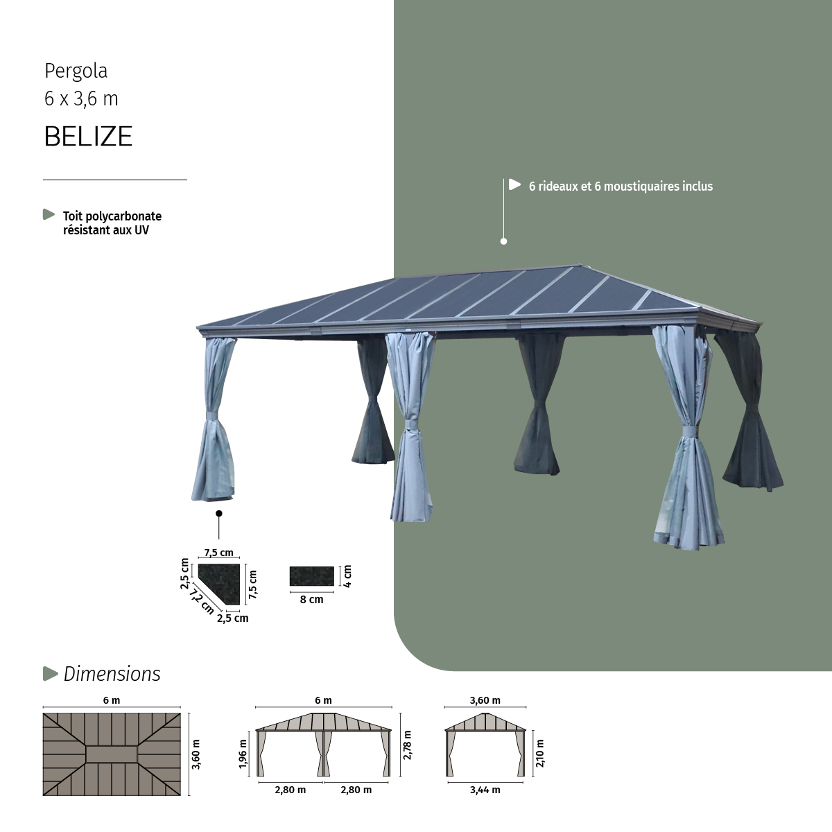 Pergola autoportante en aluminium toit polycarbonate 6x3,6m BELIZE gris, HESPERIDE