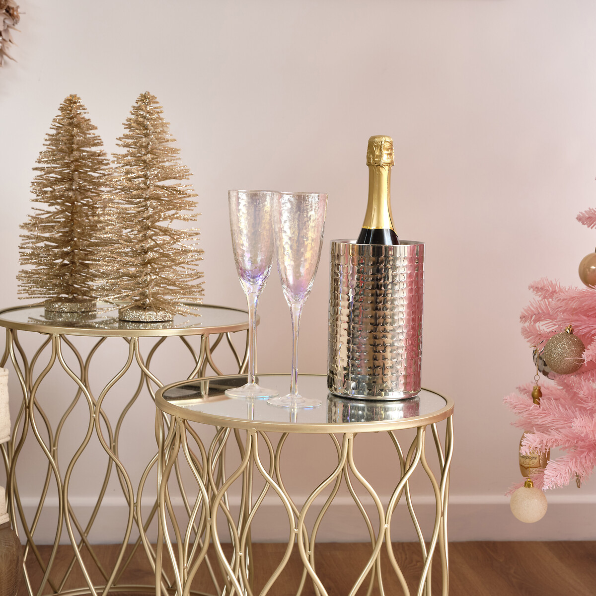 Set of 2 Round Side Tables with Mirror Top in Champagne Iron gold-coloured, SO'HOME