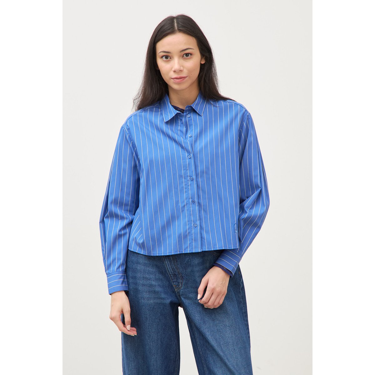 Chemise droite manches longues rayée bleu, BONOBO