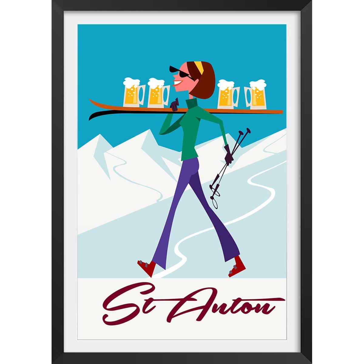 Poster retro chope à st anton affiche + cadre en bois - noir, HEXOA