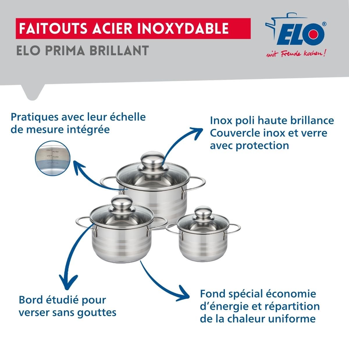 Batterie 1 poêle 28cm + 3 faitouts 12/14/16cm PROFI BRILLANT inox, ELO