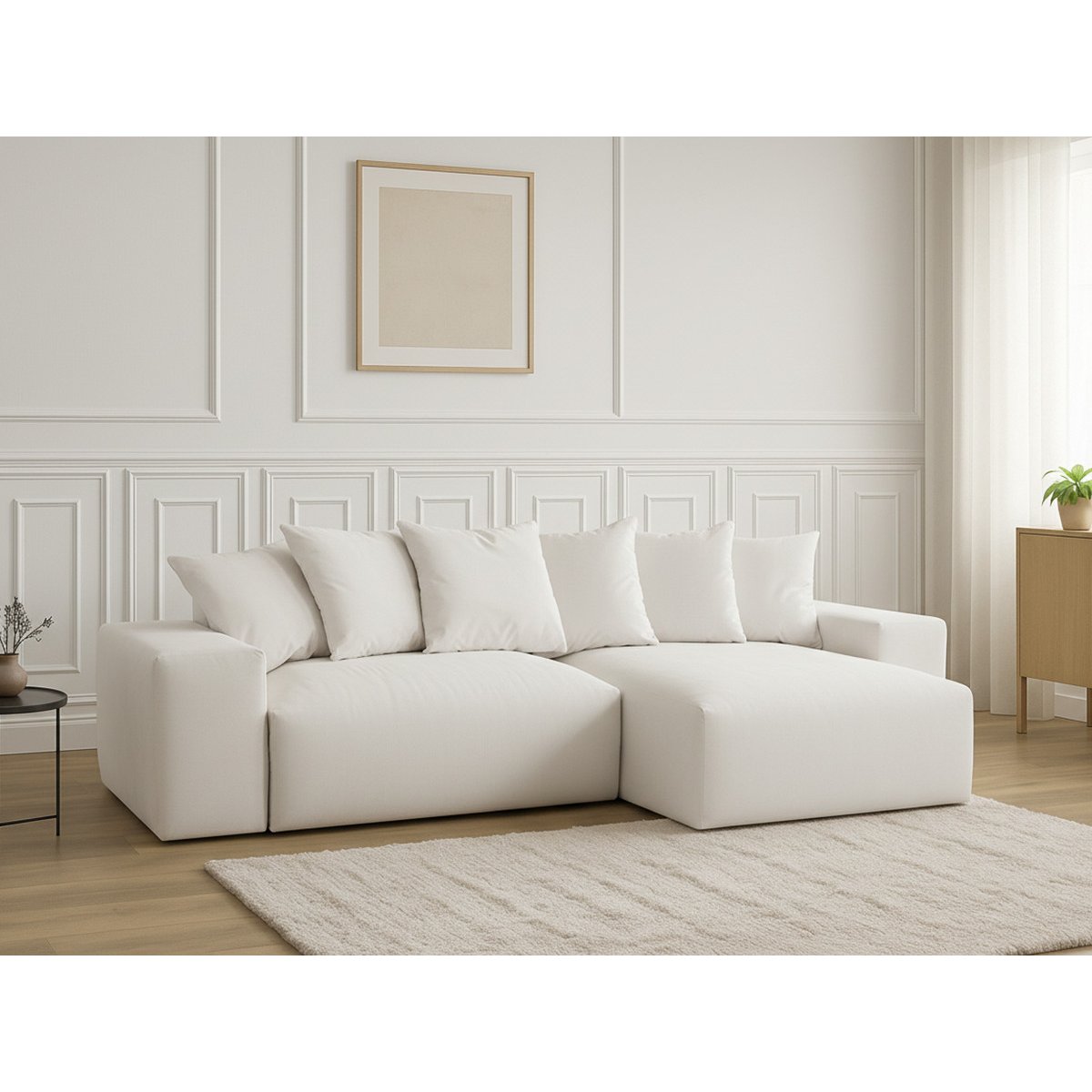 Canapé d'angle convertible 4 places en tissu lisse, VOLTAIRE beige, BOBOCHIC