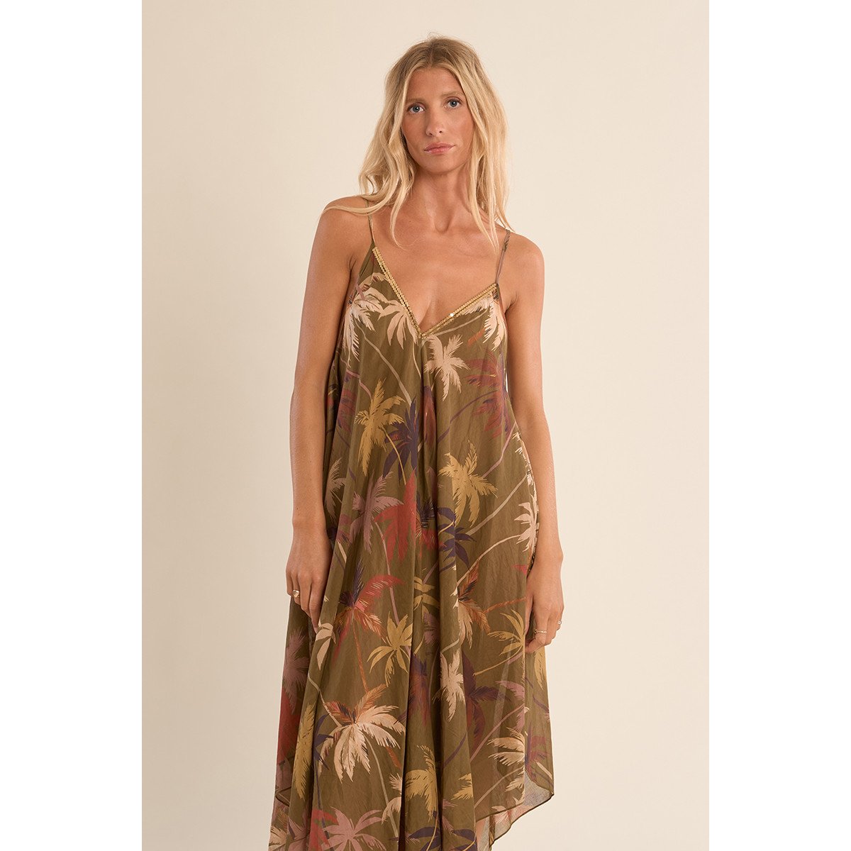Longue robe fluide en coton, imprimée khaki moana, MOLLY BRACKEN
