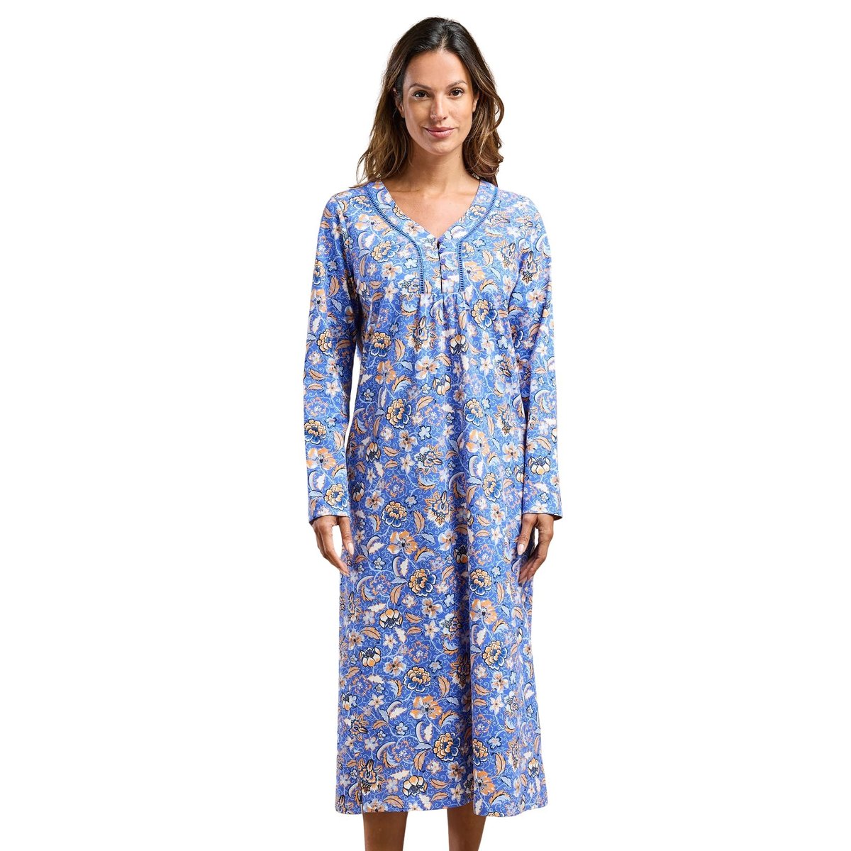 Chemise de nuit longue en jersey imprimé bleu, DAXON