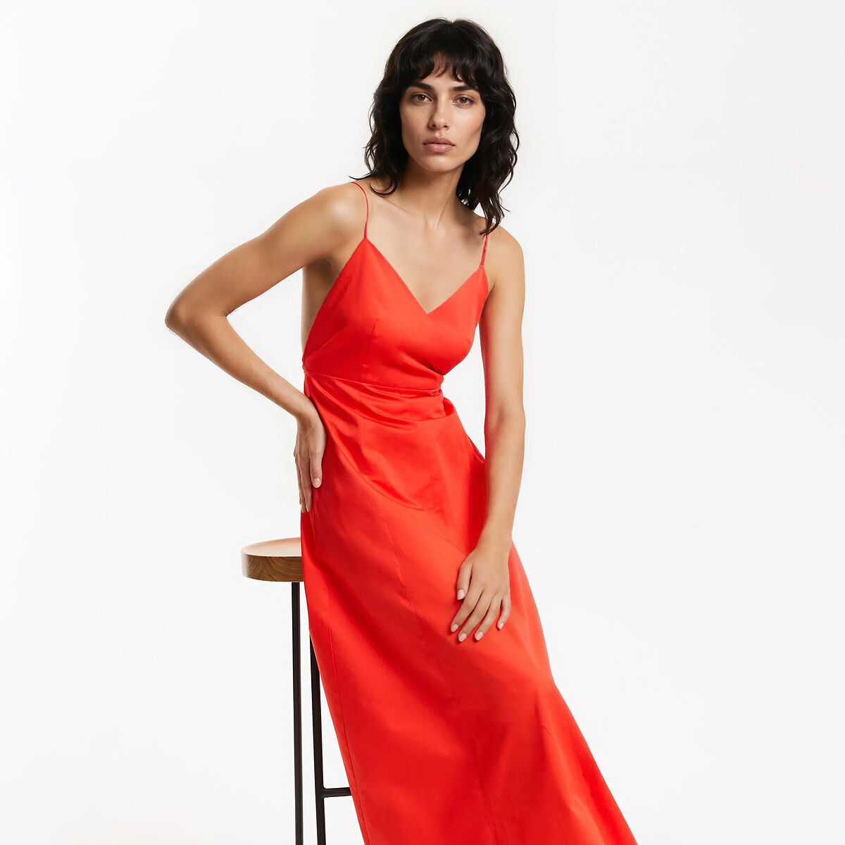 Robe longue à fines bretelles col V rouge orangé, LA REDOUTE COLLECTIONS