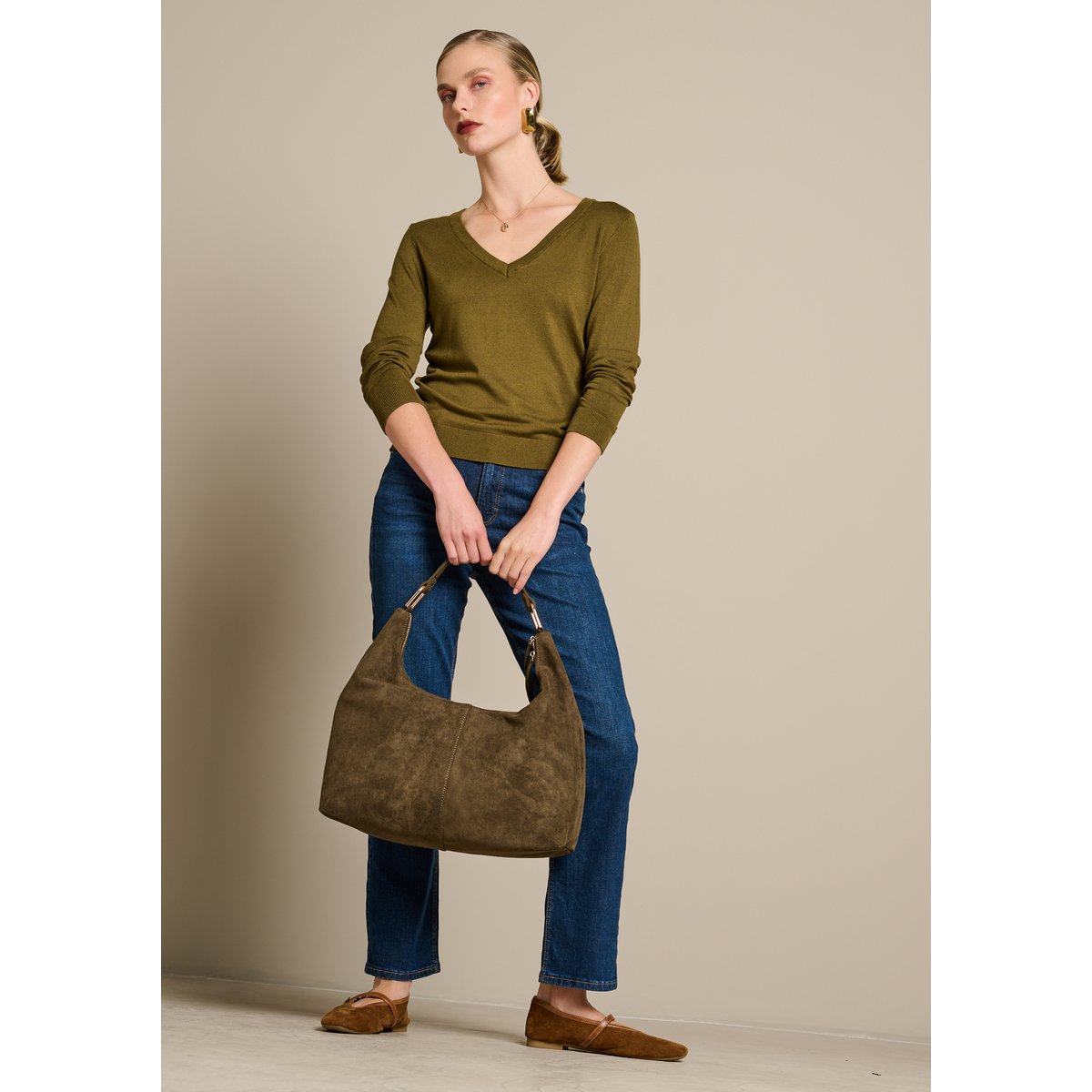 Sac porté épaule suédine khaki, LOLALIZA