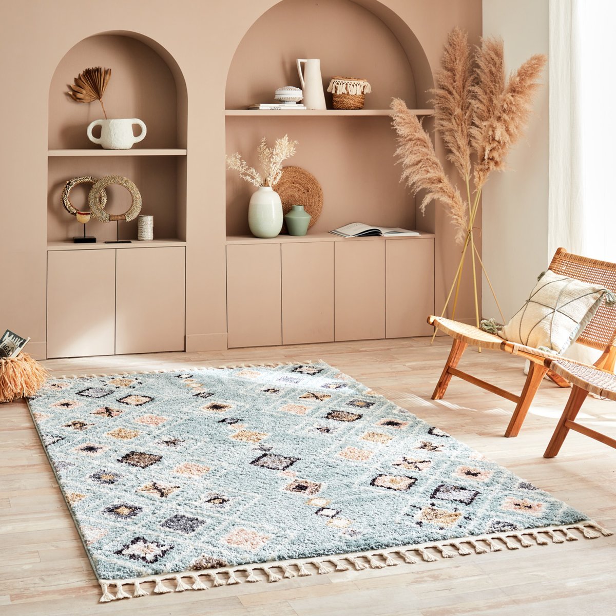 Tapis de salon symétrique imitation laine à franges DELYA bleu, NAZAR RUGS