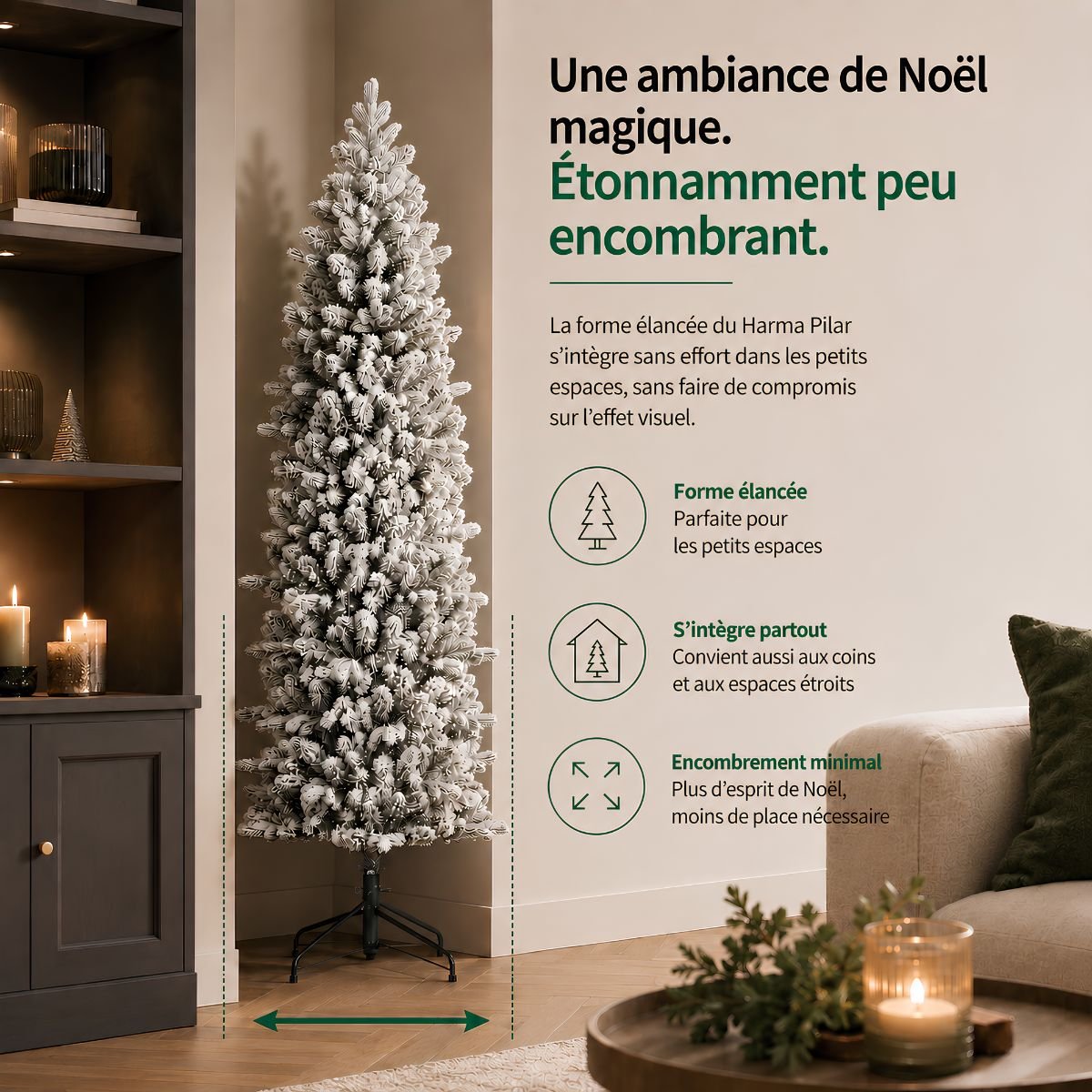 Sapin de Noël artificiel étroit et enneigé H185 cm HARMA vert, BLACK BOX TREES