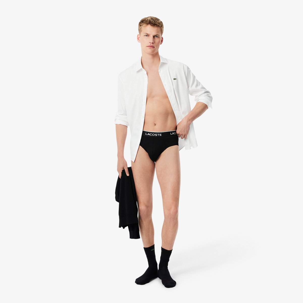 Lot de 3 slips coton uni siglés noir-nua, LACOSTE