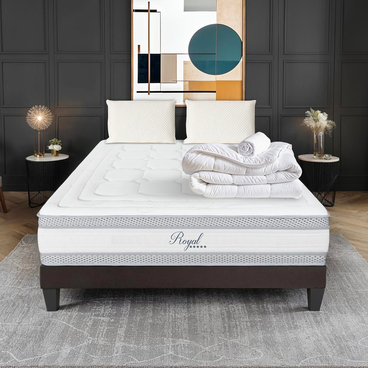 Pack Prêt à dormir ROYAL 5*Matelas Mémoire de forme + Sommier + Accessoires blanc, HYPSOM