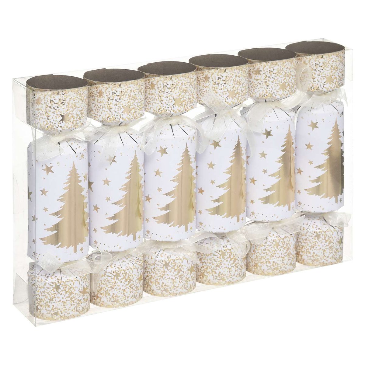 Lot de 6 crackers imprimés sapin de Noël blanc, ATMOSPHERA