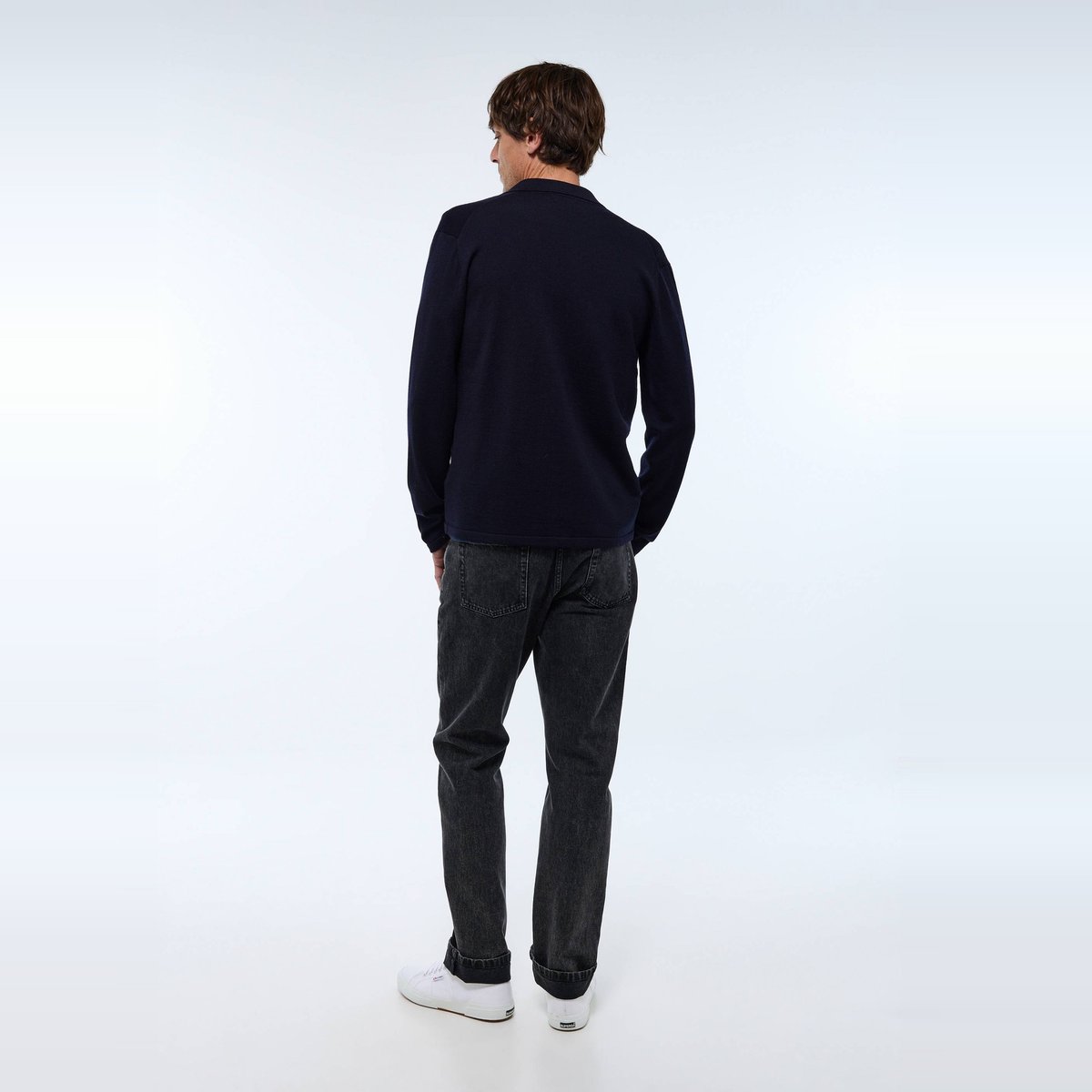 Gilet col polo en laine mérinos marine, MONOPRIX
