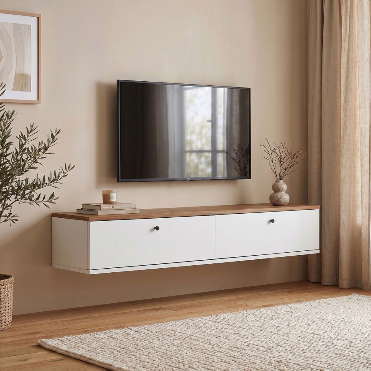 Meuble tv suspendu 2 portes plateau bois foncé L160cm- YARA blanc, DRAWER